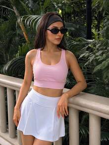Gameset SHEIN Sport Rompi Penyangga Punggung Wanita CourtClass, Gaun Putih Bagian Perut, Cocok untuk Olahraga dan Latihan - Baby Pink - View 1