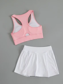 Gameset SHEIN Sport Rompi Penyangga Punggung Wanita CourtClass, Gaun Putih Bagian Perut, Cocok untuk Olahraga dan Latihan - Baby Pink - View 3