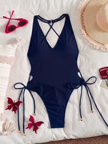 Swim SXY 女款純色綁帶式連身泳衣，適合海灘度假 - 藏蓝色 - 查看 3