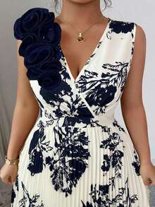 Elenzga Plus Size Apricot Floral Print 3D Floral Decor Pleated Waist Slimming A-Line V-Neck Floor Length Dress - Apricot - View 3