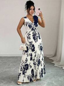 Elenzga Plus Size Apricot Floral Print 3D Floral Decor Pleated Waist Slimming A-Line V-Neck Floor Length Dress - Apricot - View 5