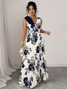 Elenzga Plus Size Apricot Floral Print 3D Floral Decor Pleated Waist Slimming A-Line V-Neck Floor Length Dress - Apricot - View 6