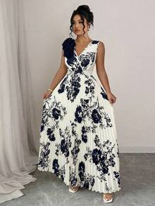 Elenzga Plus Size Apricot Floral Print 3D Floral Decor Pleated Waist Slimming A-Line V-Neck Floor Length Dress - Apricot - View 4