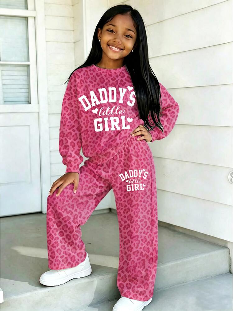 Young Girls 1 Set Fall Leopard Print Letter Graphic Crew Neck Sweatshirt & Wide Leg Pants Set, Casual Sweet Outfit - Multicolor - View 3