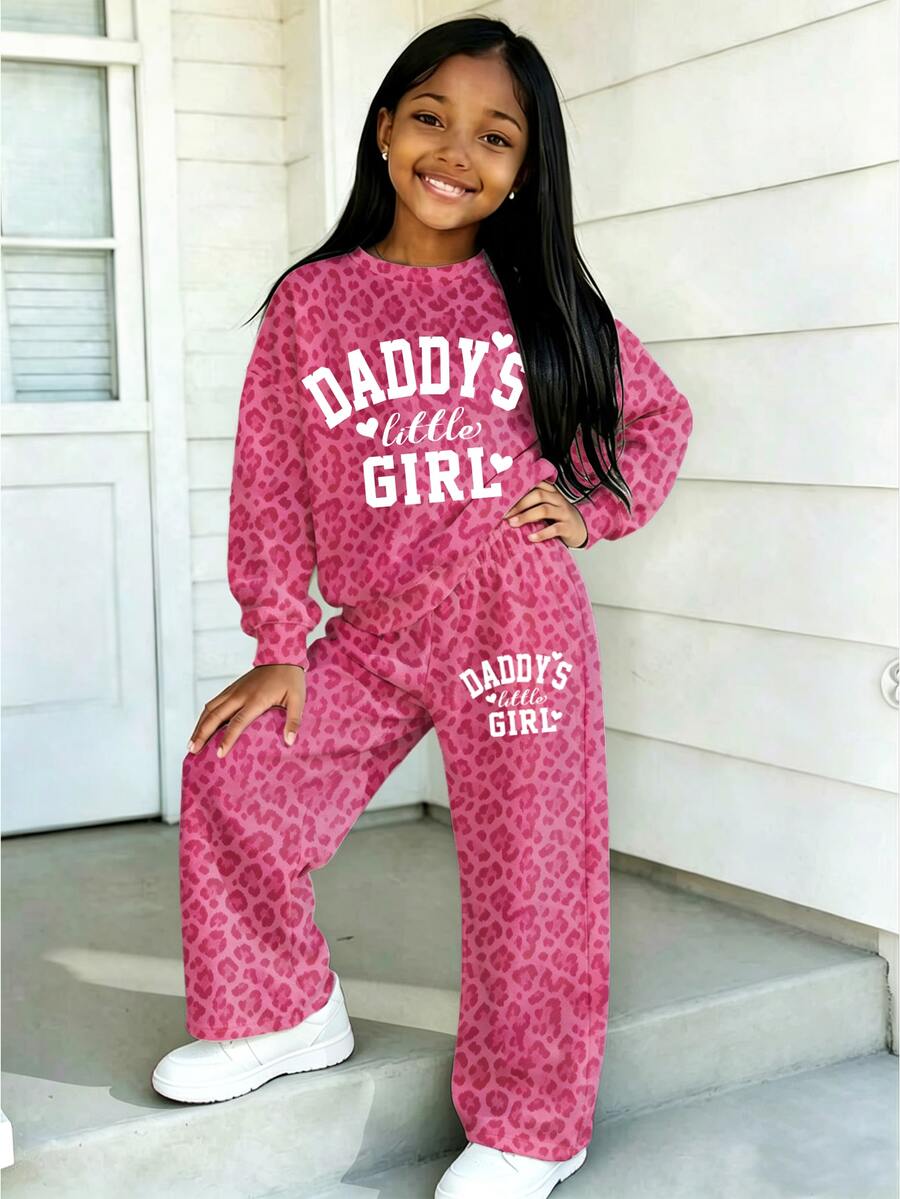 Young Girls 1 Set Fall Leopard Print Letter Graphic Crew Neck Sweatshirt & Wide Leg Pants Set, Casual Sweet Outfit - Multicolor - View 1