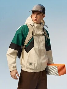 Caldwick Chaqueta deportiva de estilo novio con bloques de color, ropa de gimnasio tipo cortavientos de estilo novio para hombres en primavera - Beis - Ver 2