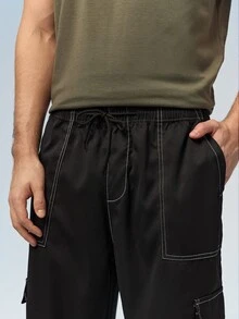 Caldwick Men's Summer Contrast Stitching Cargo Pants, High Drape Loose Fit, Elastic Drawstring Waist, High Street Style Long Pants Sports Black - Black - View 5