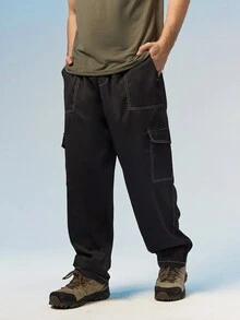 Caldwick Men's Summer Contrast Stitching Cargo Pants, High Drape Loose Fit, Elastic Drawstring Waist, High Street Style Long Pants Sports Black - Black - View 2