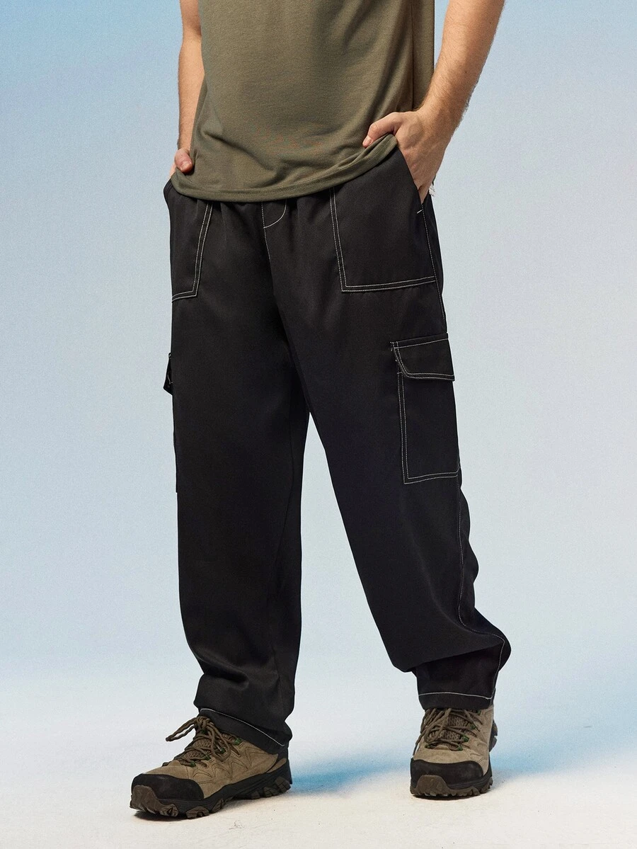 Caldwick Men's Summer Contrast Stitching Cargo Pants, High Drape Loose Fit, Elastic Drawstring Waist, High Street Style Long Pants Sports Black
