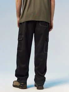 Caldwick Men's Summer Contrast Stitching Cargo Pants, High Drape Loose Fit, Elastic Drawstring Waist, High Street Style Long Pants Sports Black - Black - View 4