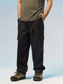 Caldwick Men's Summer Contrast Stitching Cargo Pants, High Drape Loose Fit, Elastic Drawstring Waist, High Street Style Long Pants Sports Black - Black - View 6
