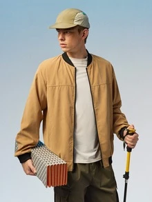 Caldwick Men's Outdoor Sports Casual Jacket Baseball Style, Solid Color Zipper Baseball Collar Outerwear, Comfortable Versatile Top - Mustard Yellow - View 2