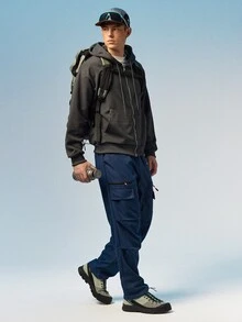 Caldwick هودي رجالي Street Life بتصميم عتيق مغسول وقصة فضفاضة مع سحاب معدني، ياقة معززة، ستايل جامعي رياضي - رمادي غامق - مشاهدة 3
