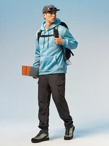 Caldwick Men's Hooded Sweatshirt With Letter Print And Drawstring, For Fall, Long Sleeve Top - Baby Blue - View 2