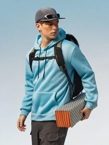 Caldwick Men's Hooded Sweatshirt With Letter Print And Drawstring, For Fall, Long Sleeve Top - Baby Blue - View 1