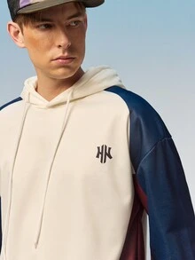 Caldwick Men's Double H Creative Design Small Pattern Crew Neck Colorblock Long Sleeve Double Layer Hooded Sweatshirt, Fashion Casual Versatile Sporty Style Long Sleeve Men's Double Layer Hooded Sweatshirt - Multicolor - View 6
