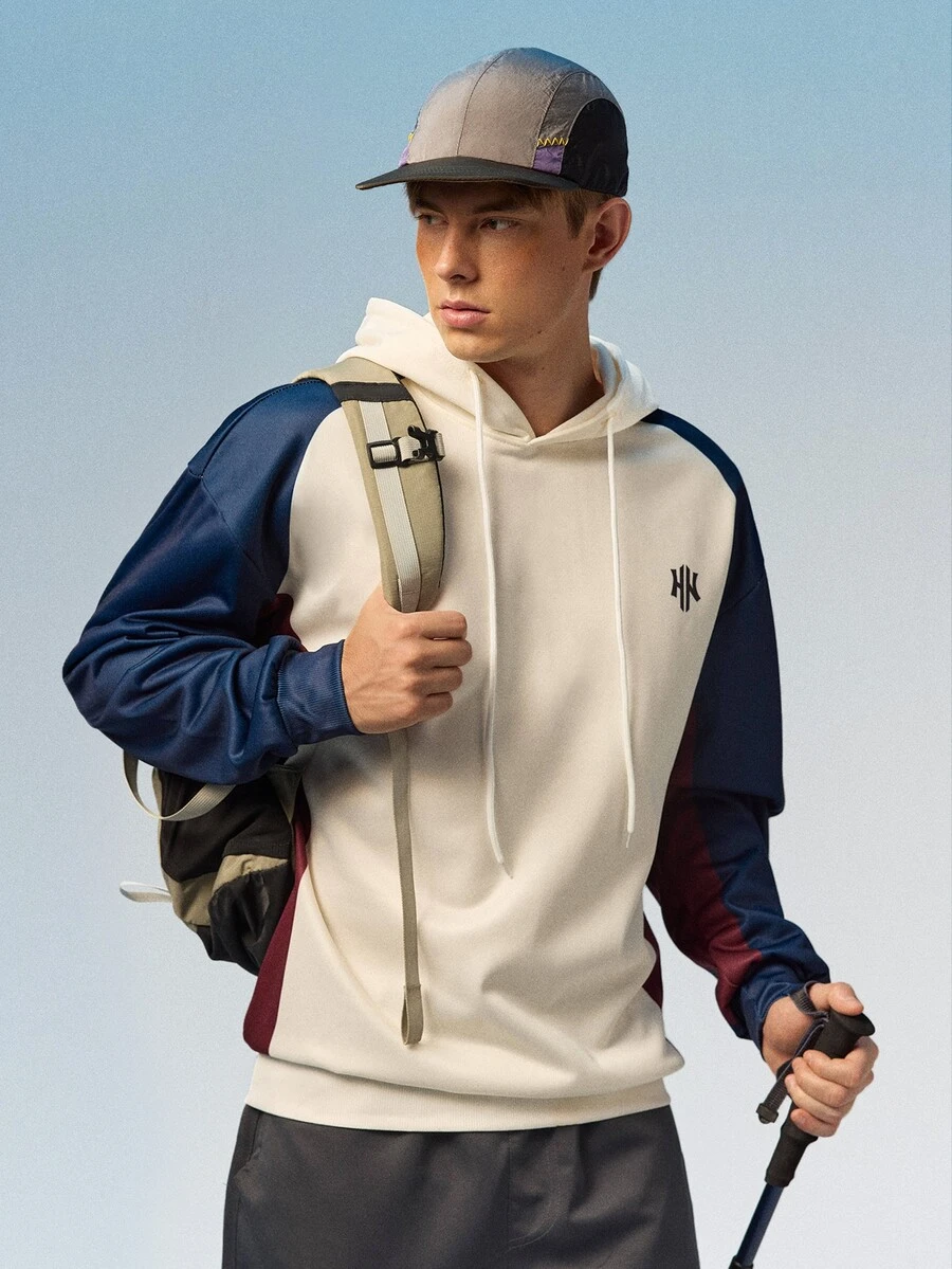 Caldwick Men's Double H Creative Design Small Pattern Crew Neck Colorblock Long Sleeve Double Layer Hooded Sweatshirt, Fashion Casual Versatile Sporty Style Long Sleeve Men's Double Layer Hooded Sweatshirt - Multicolor - View 1
