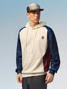 Caldwick Men's Double H Creative Design Small Pattern Crew Neck Colorblock Long Sleeve Double Layer Hooded Sweatshirt, Fashion Casual Versatile Sporty Style Long Sleeve Men's Double Layer Hooded Sweatshirt - Multicolor - View 5