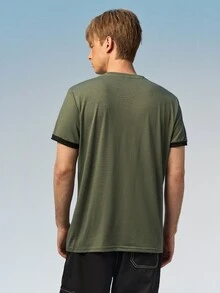 Caldwick Men's Contrast Trim Casual Round Neck Short Sleeve T-Shirt, Summer - Army Green - View 3