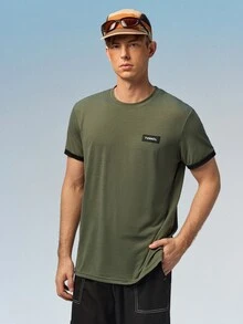 Caldwick Men's Contrast Trim Casual Round Neck Short Sleeve T-Shirt, Summer - Army Green - View 4
