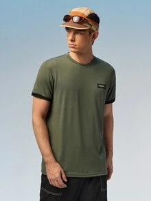 Caldwick Men's Contrast Trim Casual Round Neck Short Sleeve T-Shirt, Summer - Army Green - View 5