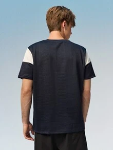 Caldwick Men's Color Block Short Sleeve T-Shirt For Daily Wear, Holiday - Navy Blue - View 3
