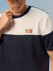 Caldwick Men's Color Block Short Sleeve T-Shirt For Daily Wear, Holiday - Navy Blue - View 6