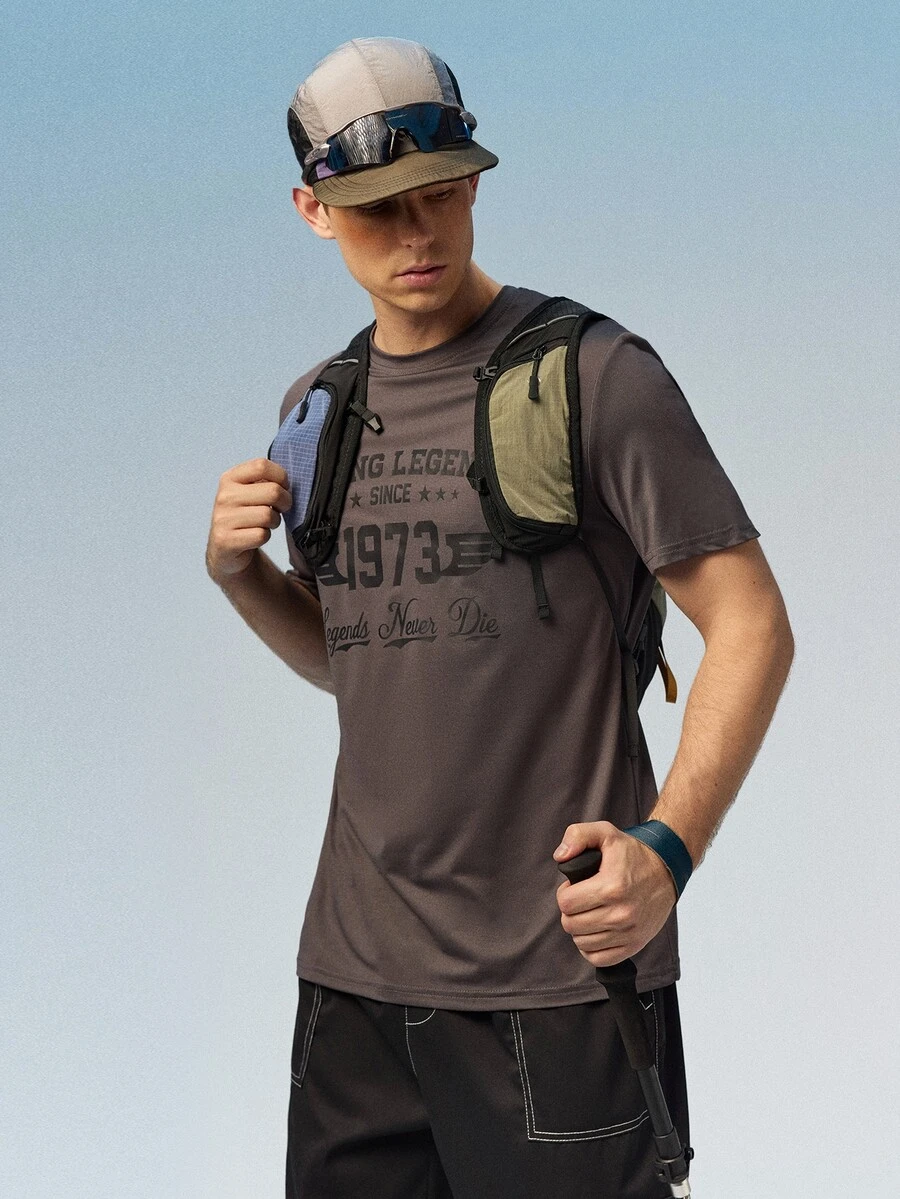 Caldwick Men's Letter Print Round Neck Short Sleeve Casual Slim Fit T-Shirt - Grey - View 1