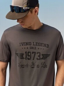 Caldwick Men's Letter Print Round Neck Short Sleeve Casual Slim Fit T-Shirt - Grey - View 6