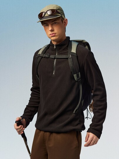 Caldwick Men's Fleece Jacket, 1/4 Zip Pullover Sweatshirt, Solid Color Outdoor Casual Sweatshirt For Winter, Thick Sports Tops With Elastic Drawstring Hem Fall