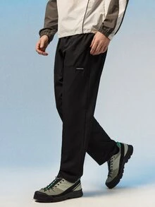Caldwick 男士夏季休閒長褲，抽繩腰頭，側邊口袋，腿部字母印花，適合戶外運動與日常穿著，黑色 - 黑色 - 查看 6