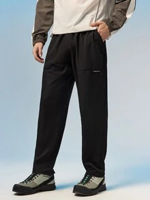 Caldwick 男士夏季休閒長褲，抽繩腰頭，側邊口袋，腿部字母印花，適合戶外運動與日常穿著，黑色 - 黑色 - 查看 1