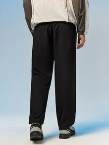 Caldwick 男士夏季休閒長褲，抽繩腰頭，側邊口袋，腿部字母印花，適合戶外運動與日常穿著，黑色 - 黑色 - 查看 3