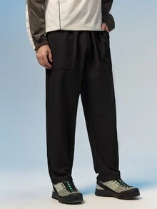 Caldwick 男士夏季休閒長褲，抽繩腰頭，側邊口袋，腿部字母印花，適合戶外運動與日常穿著，黑色 - 黑色 - 查看 5