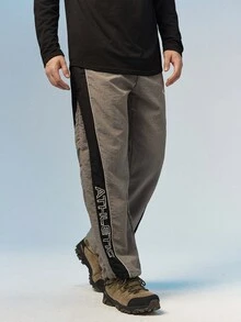 Caldwick 男士夏季快乾運動長褲，側邊對比條紋字母印花，街頭休閒長褲秋季款 - 灰色 - 查看 3
