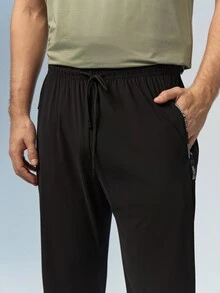 Caldwick 男士夏季慢跑長褲，附拉鍊口袋與彈性抽繩腰頭，親膚面料，休閒工作褲，黑色運動款 - 黑色 - 查看 5
