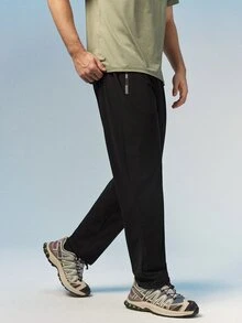 Caldwick 男士夏季慢跑長褲，附拉鍊口袋與彈性抽繩腰頭，親膚面料，休閒工作褲，黑色運動款 - 黑色 - 查看 6