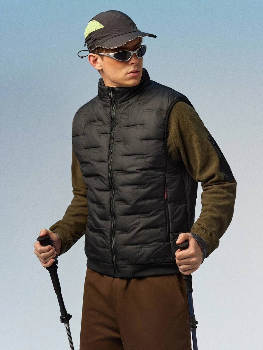 Caldwick Autumn/Winter Solid Color Stand Collar Thickened Warm Zipper Embossed Vest For Men, , Outdoor, Versatile Sleeveless Jacket, Couple Style Sports - Black - View 1