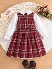 SHEIN Elladie kids 女童百褶分層式優雅洋裝，皇家紅小領雙排扣百褶下擺洋裝，26新款秋冬款，適合假期穿著 - 棕色 - 查看 2