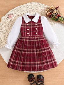SHEIN Elladie kids 女童百褶分層式優雅洋裝，皇家紅小領雙排扣百褶下擺洋裝，26新款秋冬款，適合假期穿著 - 棕色 - 查看 6