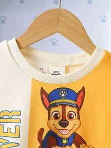 SHEIN | PAW Patrol 小男孩黃色拼色卡通小狗印花寬鬆衛衣套裝 秋季長袖上衣與長褲 返校休閒穿搭 - 黃色 - 查看 5