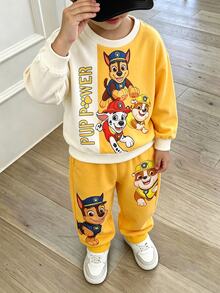SHEIN | PAW Patrol 小男孩黃色拼色卡通小狗印花寬鬆衛衣套裝 秋季長袖上衣與長褲 返校休閒穿搭 - 黃色 - 查看 9