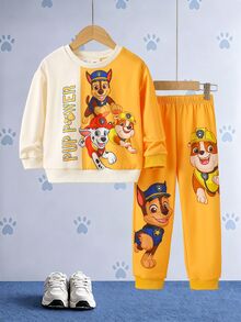 SHEIN | PAW Patrol 小男孩黃色拼色卡通小狗印花寬鬆衛衣套裝 秋季長袖上衣與長褲 返校休閒穿搭 - 黃色 - 查看 3