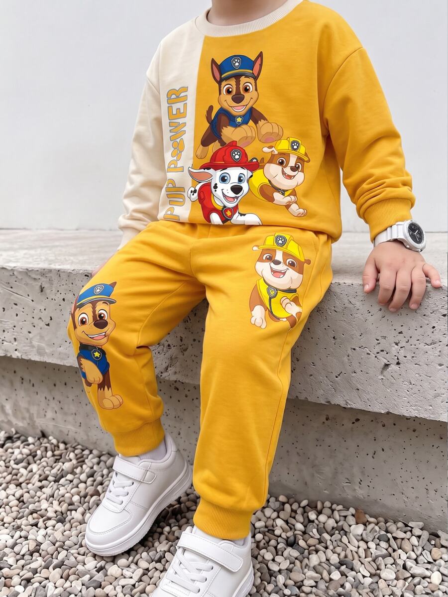SHEIN | PAW Patrol 小男孩黃色拼色卡通小狗印花寬鬆衛衣套裝 秋季長袖上衣與長褲 返校休閒穿搭 - 黃色 - 查看 1