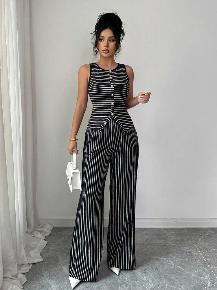 Elenzga Women's Fashion Striped Colorblock Button Slim Fit Tank Top And Pocket High Waist Loose Straight Leg Pants Set - Black and White - View 3