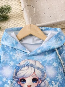 SHEIN Explorewe 女童連帽衛衣 可愛冰雪公主圖案雪花印花長袖套頭衫 聖誕冬季休閒寬鬆連帽上衣 - 藍白色 - 查看 5