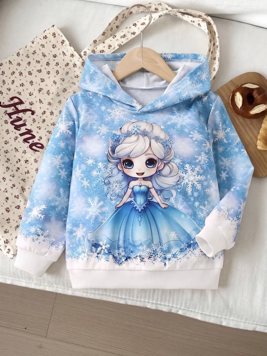 SHEIN Explorewe 女童連帽衛衣 可愛冰雪公主圖案雪花印花長袖套頭衫 聖誕冬季休閒寬鬆連帽上衣 - 藍白色 - 查看 1