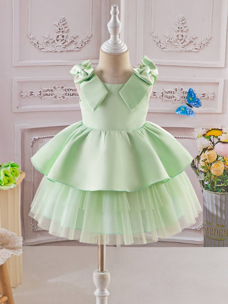 Glamorique Kids 女嬰鼠尾草綠公主禮服，優雅可愛夏季婚禮花童賓客舞會大禮服，緞面薄紗蛋糕裙配大蝴蝶結，無袖派對裙 - 綠色 - 查看 1
