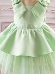Glamorique Kids 女嬰鼠尾草綠公主禮服，優雅可愛夏季婚禮花童賓客舞會大禮服，緞面薄紗蛋糕裙配大蝴蝶結，無袖派對裙 - 綠色 - 查看 7
