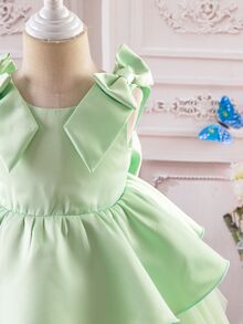 Glamorique Kids 女嬰鼠尾草綠公主禮服，優雅可愛夏季婚禮花童賓客舞會大禮服，緞面薄紗蛋糕裙配大蝴蝶結，無袖派對裙 - 綠色 - 查看 3
